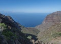 View of arid subtropical landscape of Barranco de Guigui Grande ravine with cacti and palm trees viewed from hiking