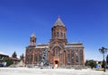 View of the Armenian Apostolic Church of the Holy Saviour and the monument to those killed in the devastating earthquake of 1988.