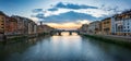 View of the Arno river, evening Florence and the St Trinity Bridge. Florence, Italy. Royalty Free Stock Photo