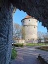 View of the artillery tower Kik-in-de-KÃÂ¶k of the medieval defensive wall of the city of Tallinn and the Commandant`s Garden from Royalty Free Stock Photo