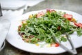 arugula salad, tropical fruit, plate