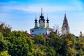 View of the Ascension Church with a bell tower of St. Alexander monastery, located on the left bank of the Kamenka river in Suzdal Royalty Free Stock Photo