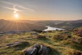 View of the Ashopton Viaduct, Ladybower Reservoir, and Crook Hill in the Derbyshire Peak District National Park