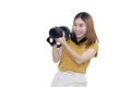 Asian Female Photographer Looking into Mirrorless Camera Viewfinder to Take Photos