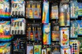 View of assorted paint brush sets hanging on art supply store display. Royalty Free Stock Photo