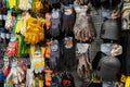 View of assorted work gloves hanging on store display. Royalty Free Stock Photo