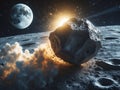 View of the asteroid flying above the moon surface before impact Royalty Free Stock Photo