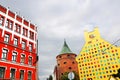 View of Astor hotel left, Powder tower centre and Jacob Barracks building showing coats of arms for Latvian parishes, Riga