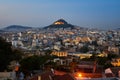 View of Athens dominated by Lycabettus hill. Image taken from Anafiotika in the old Town Royalty Free Stock Photo