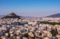 View of Athens, Greece and mount of Lycabettus from Acropolis at sunset