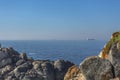 View of the atlantic ocean with ships, sky and sea as background and rocks on the coast of Leca da Palmeira