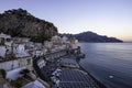 View of Atrani, a small town along the Amalfi coastline in southern Italy facing the Mediterranean sea at sunset, Salerno, Italy Royalty Free Stock Photo