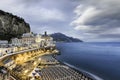 View of Atrani, a small town along the Amalfi coastline in southern Italy facing the Mediterranean sea at sunset, Salerno, Italy Royalty Free Stock Photo