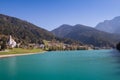 View of Auronzo di Cadore and church San Lucano Lake Santa Caterina Lake Misurina Dolomites Royalty Free Stock Photo