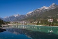 View of Auronzo di Cadore Italy the Lake Santa Caterina and Tre Cime Peaks Dolomites