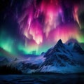 View of the aurora above the clouds and colorful mountains dancing