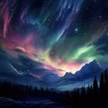 View of the aurora above the clouds and colorful mountains dancing