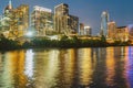 View of Austin, Texas in USA downtown skyline. Night golden sunset city. Reflection in water. Royalty Free Stock Photo