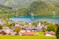 View of austrian alpine village St. Gilgen and Wolfgangsee lake