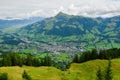 View from the Austrian Alps - Hahnenkamm ski run on Kitzbuhel town and Kitzbuheler Horn mountains