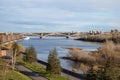 View of the auto-pedestrian communal bridge 1961 over the Yenisei River in the city of Krasnoyarsk. Russia Royalty Free Stock Photo