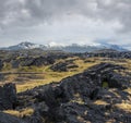 View during auto trip in West Iceland, Snaefellsnes peninsula, View Point near Svortuloft Lighthouse. Spectacular black volcanic