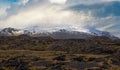 View during auto trip in West Iceland, Snaefellsnes peninsula, View Point near Svortuloft Lighthouse. Spectacular black volcanic Royalty Free Stock Photo