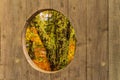 A view of autumn colors through a circular window