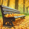 view Autumn park scene with a brown wooden bench and fallen leaves Royalty Free Stock Photo