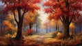 View of autumn\'s splendor, with trees ablaze in a riot of colors.