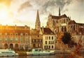 View of Auxerre with Abbey on river Yonne, France