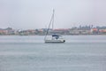 View of Aveiro river with private recreational boat with people sailing. Day with clouds and background with typical vegetation Royalty Free Stock Photo