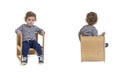 view of a baby boy sitting on chair on white background Royalty Free Stock Photo