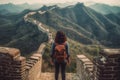 view from the back of asian girl tourist taking picture in china great wall illustration generative ai Royalty Free Stock Photo