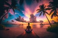 View from the back of beautiful girl practicing yoga on a tropical beach at sunset, with palm trees and colorful clouds in the Royalty Free Stock Photo