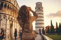 view from the back of girl tourist taking picture in pisa leaning tower illustration generative ai