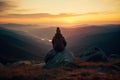 Girl in a warm hat sits on a mountain and admires the beautiful view of dawn or sunset.AI generated