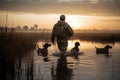 View from the back a hunter with hunting dogs walks along a lake with reeds in search of prey. Hunting season concept. Generative