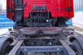 Rear of the tractor unit. Visible fifth wheel couplings are fitted to a tractor unit to connect it to the trailer