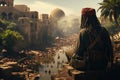 View from back of Somali Cushitic soldiers wearing ancient Carthaginian uniforms in the sunny very tropical city of Numidia in