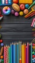 view Back to school supplies background education essentials in array