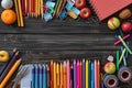 view Back to school supplies background education essentials in array