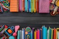 view Back to school supplies background education essentials in array