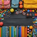 view Back to school supplies background education essentials in array