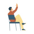 View on back young man sitting on chair and raising hand up a vector illustration