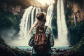 View from back of a young woman standing in front of a waterfall in the forest in a travel lifestyle. GENERATIVE AI. Royalty Free Stock Photo