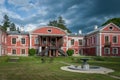 View of backyard with fountain and terrace of the old manor. Royalty Free Stock Photo