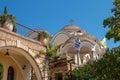 View on backyard of Monastery of Archangel Michael in Greece, Thasos Island, with vivid orange walls and roof,