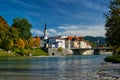 Bad Tolz - picturesque resort town in Bavaria, Germany in autumn and Isar river