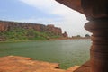 View of badami caves from Bhutanatha group of temples, Badami